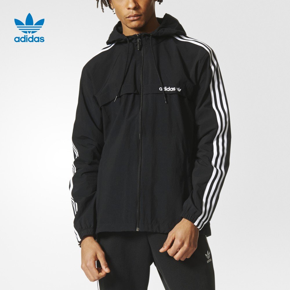 Adidas Original 3 Stripes Windbreaker Mens BR6984 Track Top Black Hoody