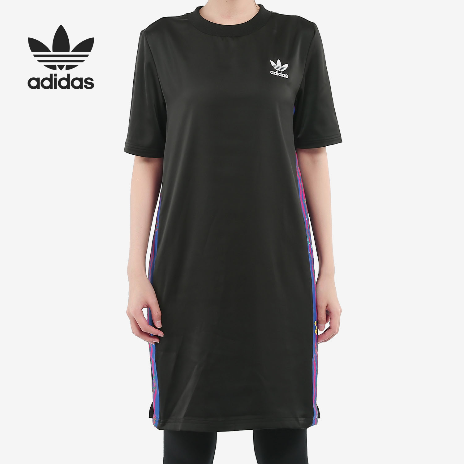 Adidas Tees Dress FL0041 Skirt Side Stripes Short Sleeve Black Dress